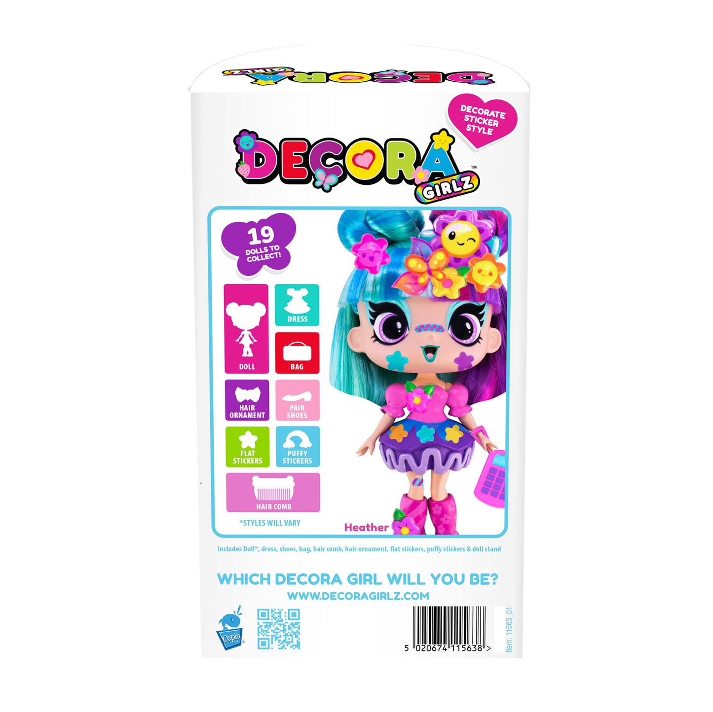 Decora Girlz 5" Fashion Doll – Heather - with Stickers & Accessories